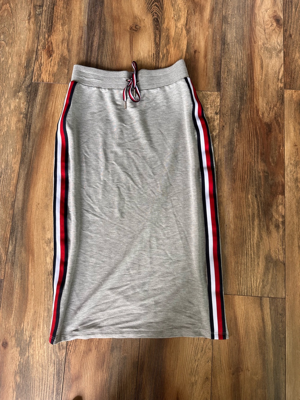 Tommy Hilfiger Gray Midi Skirt with Red, White & Blue Side Stripes